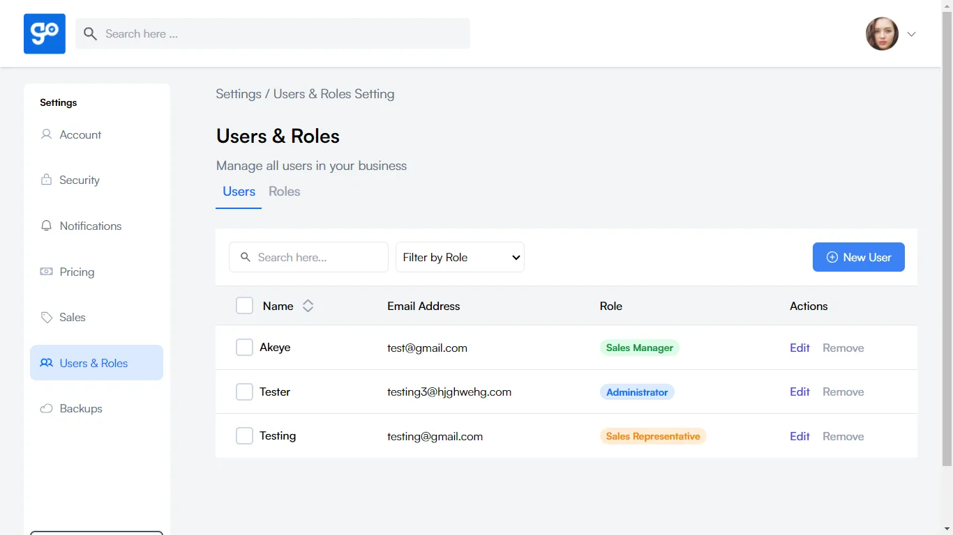 User Settings Dashboard